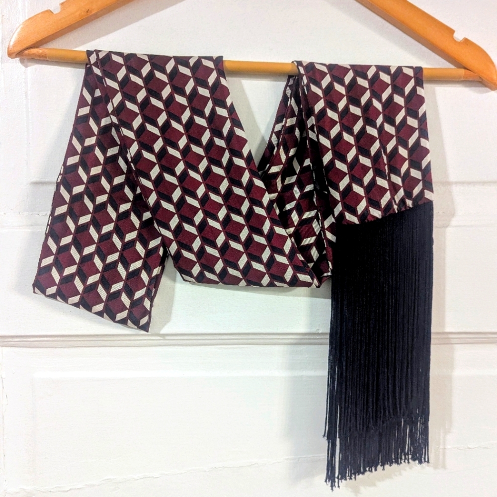 Silk Printed Geometric Tie Tassel Scarf